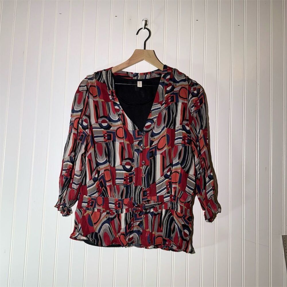 JM Collection Boho Sheer Abstract Tunic Blouse Geometric Retro Button Front 14